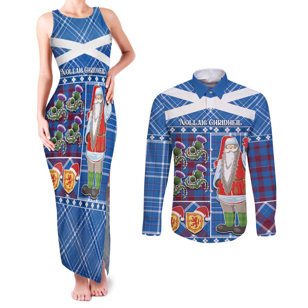 Santa Claus Thistle Scottish Christmas Couples Matching Tank Maxi Dress and Long Sleeve Button Shirt Tartan Pattern - Wonder Print Shop