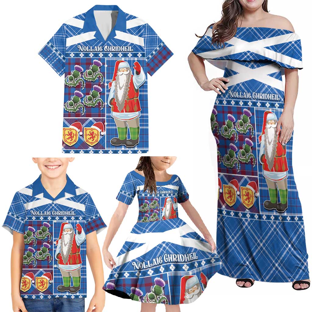 Santa Claus Thistle Scottish Christmas Family Matching Off Shoulder Maxi Dress and Hawaiian Shirt Tartan Pattern - Wonder Print Shop