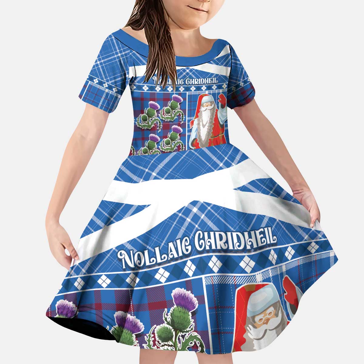 Santa Claus Thistle Scottish Christmas Kid Short Sleeve Dress Tartan Pattern - Wonder Print Shop