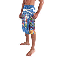 Blue Santa tartan print shorts with elastic waistband, side view