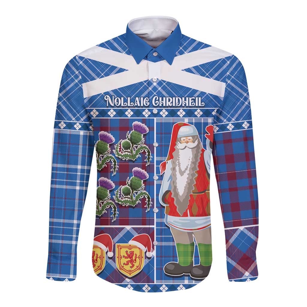 Blue tartan long-sleeve button shirt with Santa graphic, front