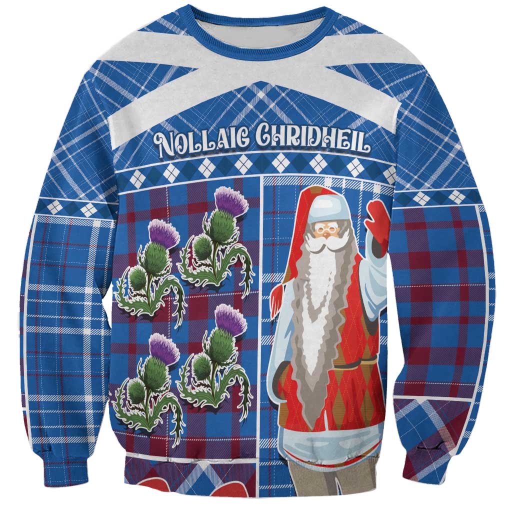Unisex blue Christmas sweatshirt with tartan plaid and Santa plus thistle artwork