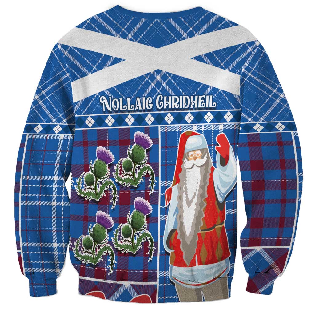 Unisex blue Christmas sweatshirt with rear Santa and tartan plaid thistle print