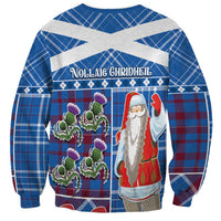 Unisex blue Christmas sweatshirt with rear Santa and tartan plaid thistle print
