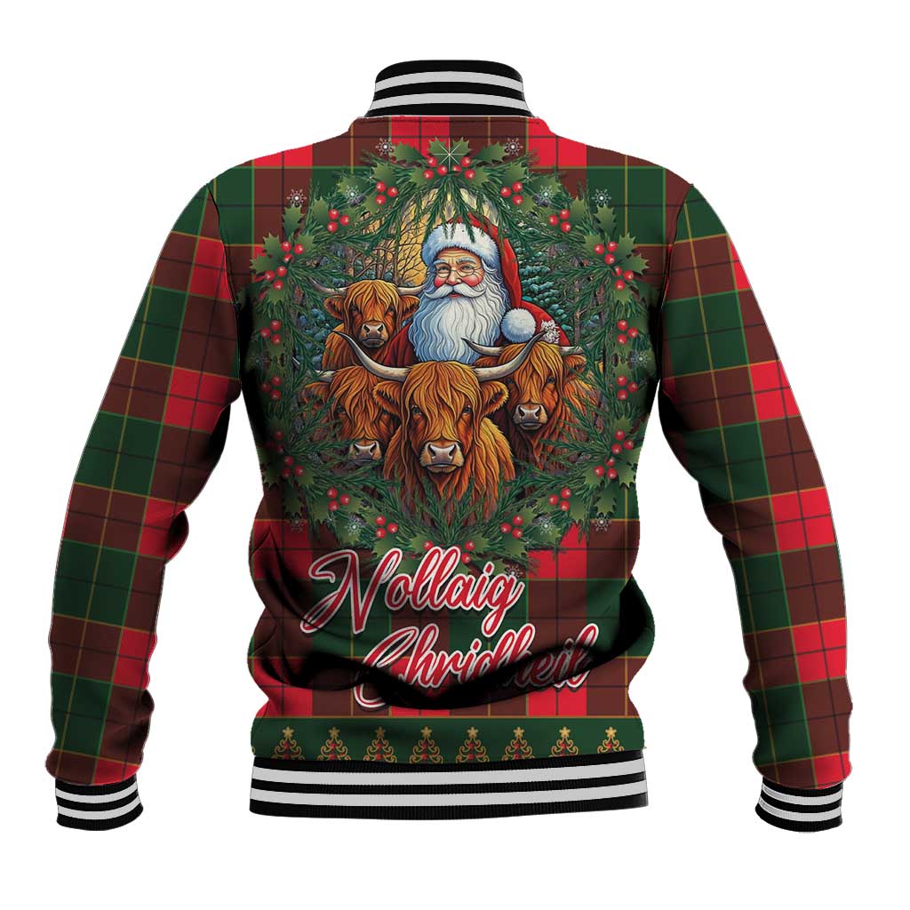 Unisex red-green tartan baseball jacket with Santa and Highland cows back graphic