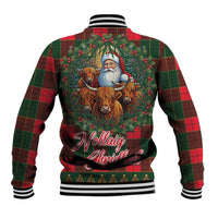 Unisex red-green tartan baseball jacket with Santa and Highland cows back graphic