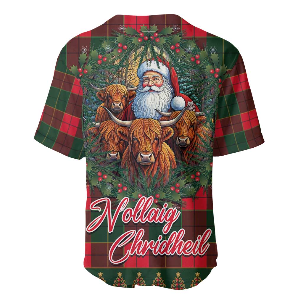 Red and green holiday baseball jersey back with Santa, Highland cows, and Noel text
