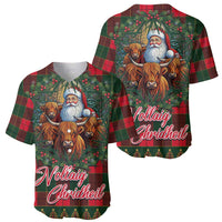 Red and green holiday baseball jersey showing front and back with Santa and Highland cows