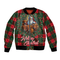 Red/green tartan bomber jacket with Santa and cows graphic, full zip, ribbed cuffs