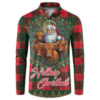 Red and green tartan Christmas button sweatshirt with Santa and Highland cows graphic