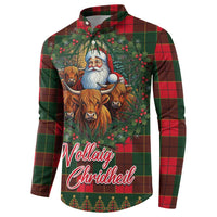 Red and green tartan Christmas button sweatshirt, back graphic with Santa and Highland cows