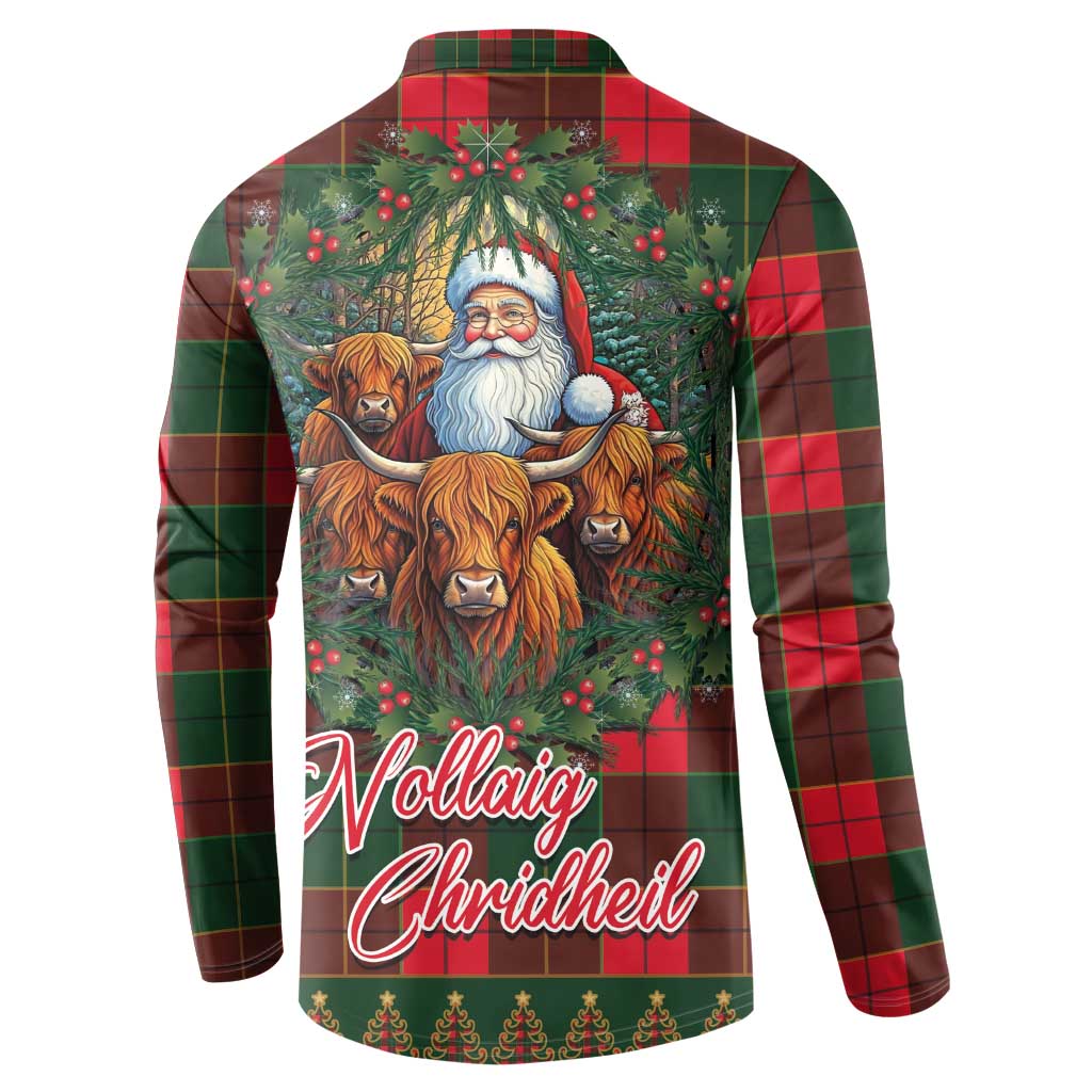Red and green tartan Christmas button sweatshirt, back view with Santa and cows artwork