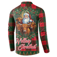 Red and green tartan Christmas button sweatshirt, back view with Santa and cows artwork