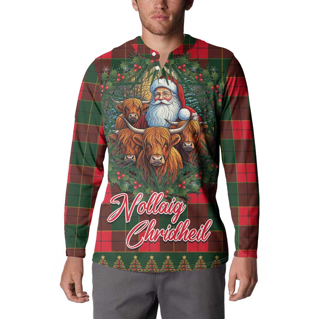 Red and green tartan Christmas button sweatshirt on model, front with Santa and cows graphic