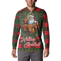 Red and green tartan Christmas button sweatshirt on model, front with Santa and cows graphic
