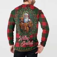 Red and green tartan Christmas button sweatshirt on model, back with Santa and cows artwork