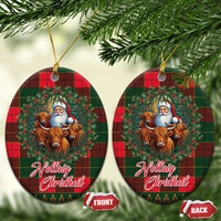 Oval Scottish tartan ceramic ornament with Santa and Highland cows, front/back set