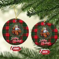 Round Scottish tartan ceramic ornament with Santa and Highland cows, gold hanging loop