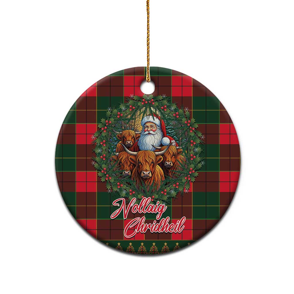Round Scottish tartan ceramic ornament with Santa and Highland cows, gold hanging loop