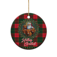 Round Scottish tartan ceramic ornament with Santa and Highland cows, gold hanging loop