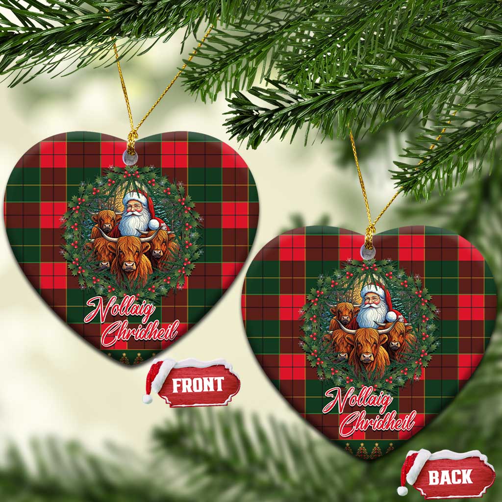 Heart-shaped Scottish tartan ceramic ornament with Santa and Highland cows, front/back set