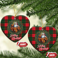 Heart-shaped Scottish tartan ceramic ornament with Santa and Highland cows, front/back set