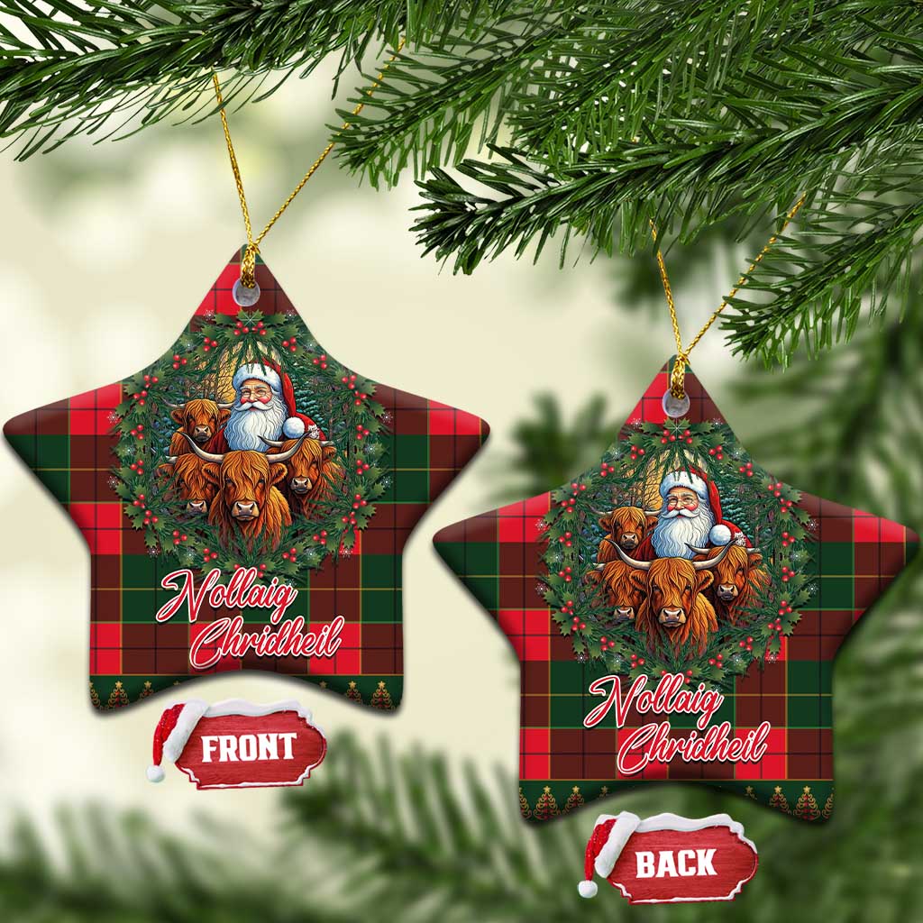 Star-shaped Scottish tartan ceramic ornament with Santa and Highland cows, front/back set