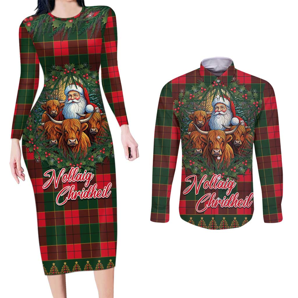 Santa and Higland Cows Scottish Christmas Couples Matching Long Sleeve Bodycon Dress and Long Sleeve Button Shirt Tartan Pattern - Wonder Print Shop