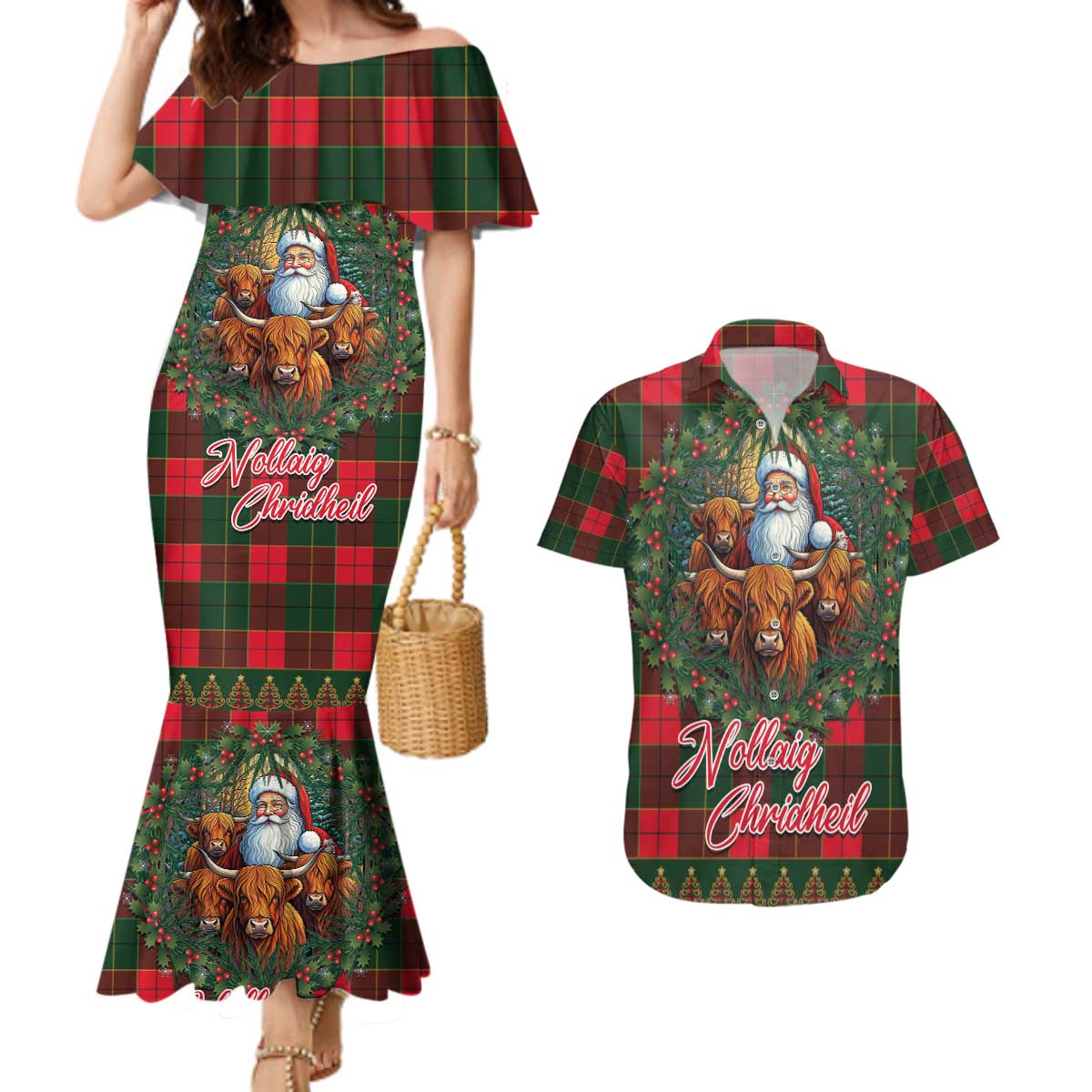 Santa and Higland Cows Scottish Christmas Couples Matching Mermaid Dress and Hawaiian Shirt Tartan Pattern - Wonder Print Shop