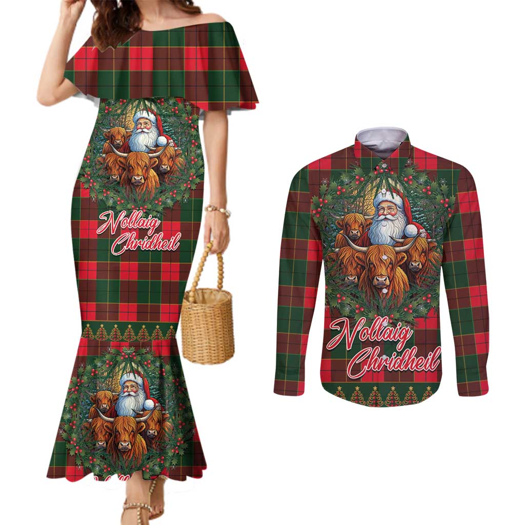 Santa and Higland Cows Scottish Christmas Couples Matching Mermaid Dress and Long Sleeve Button Shirt Tartan Pattern