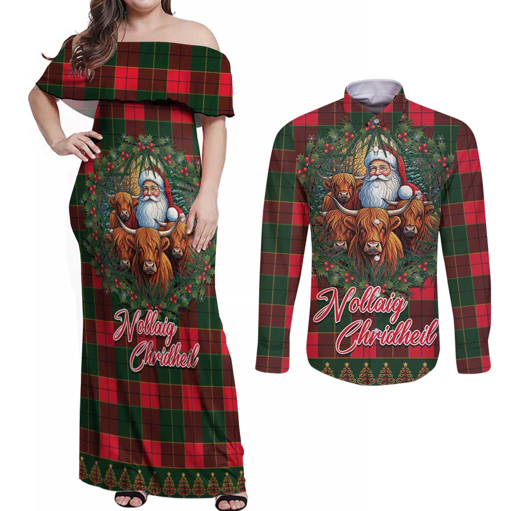 Santa and Higland Cows Scottish Christmas Couples Matching Off Shoulder Maxi Dress and Long Sleeve Button Shirt Tartan Pattern - Wonder Print Shop