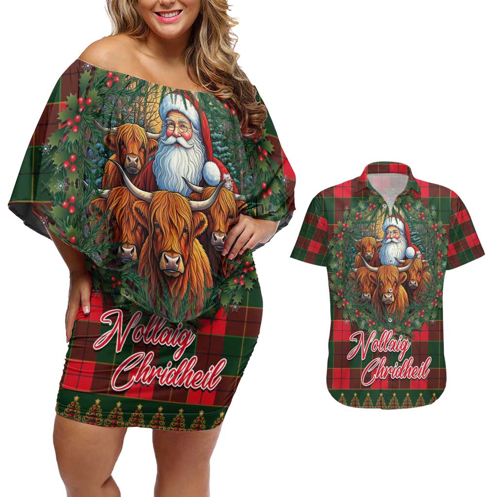 Santa and Higland Cows Scottish Christmas Couples Matching Off Shoulder Short Dress and Hawaiian Shirt Tartan Pattern - Wonder Print Shop