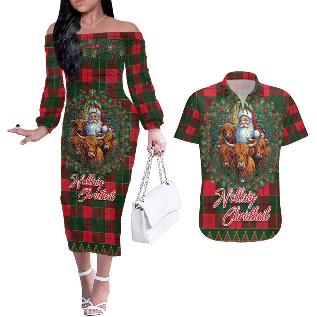 Santa and Higland Cows Scottish Christmas Couples Matching Off The Shoulder Long Sleeve Dress and Hawaiian Shirt Tartan Pattern - Wonder Print Shop