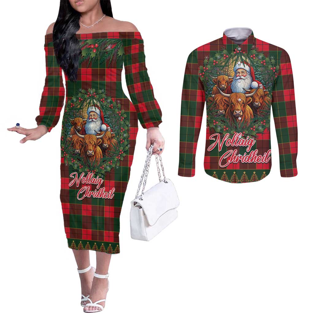 Santa and Higland Cows Scottish Christmas Couples Matching Off The Shoulder Long Sleeve Dress and Long Sleeve Button Shirt Tartan Pattern