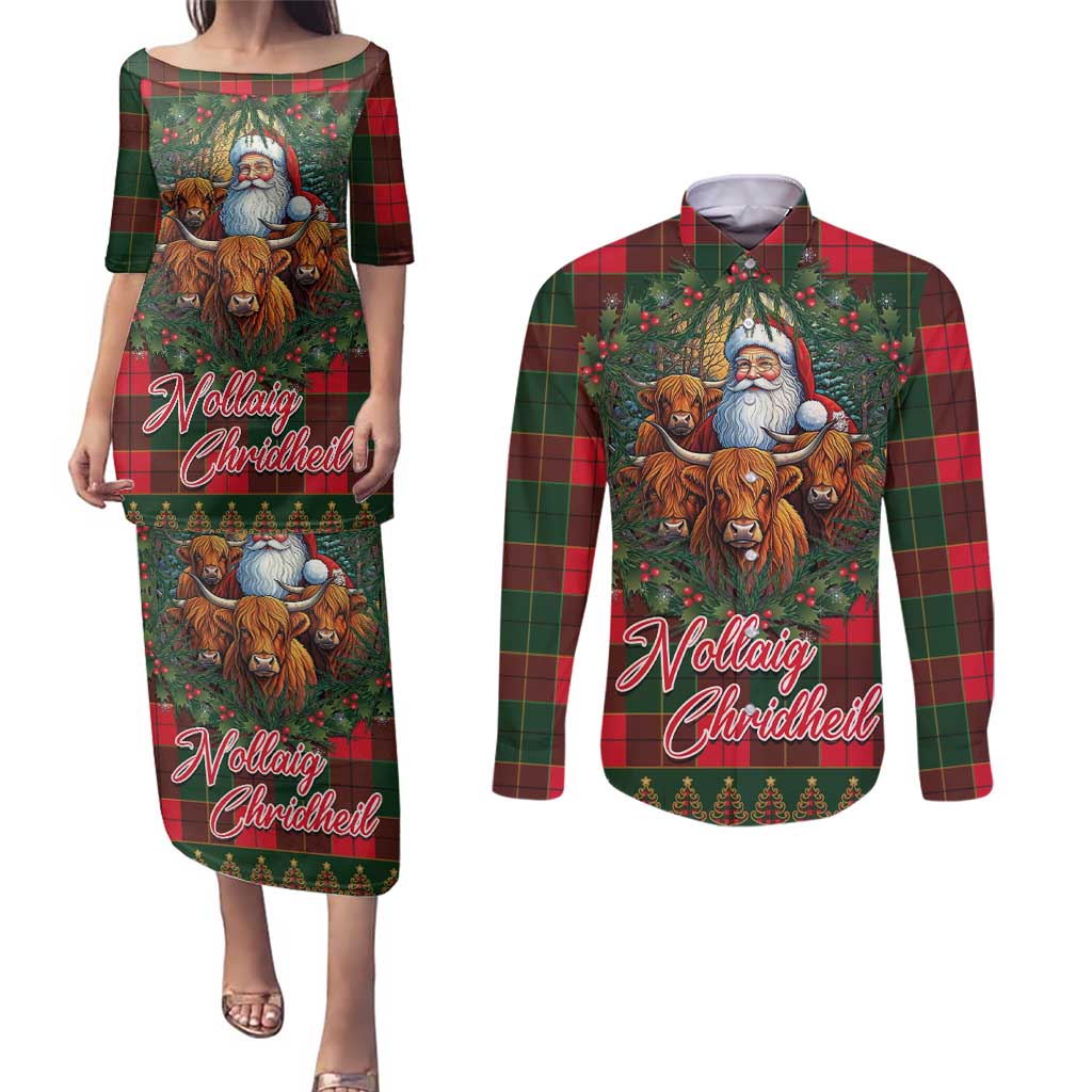 Santa and Higland Cows Scottish Christmas Couples Matching Puletasi and Long Sleeve Button Shirt Tartan Pattern - Wonder Print Shop