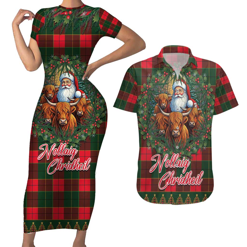 Santa and Higland Cows Scottish Christmas Couples Matching Short Sleeve Bodycon Dress and Hawaiian Shirt Tartan Pattern - Wonder Print Shop