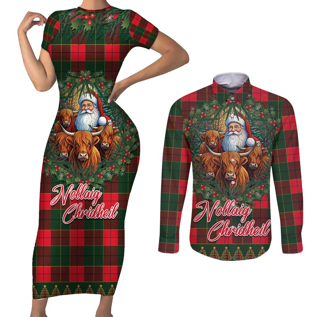 Santa and Higland Cows Scottish Christmas Couples Matching Short Sleeve Bodycon Dress and Long Sleeve Button Shirt Tartan Pattern - Wonder Print Shop