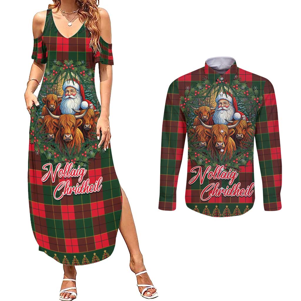 Santa and Higland Cows Scottish Christmas Couples Matching Summer Maxi Dress and Long Sleeve Button Shirt Tartan Pattern - Wonder Print Shop