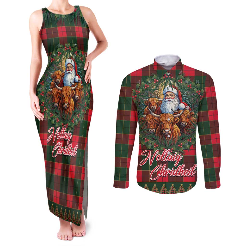 Santa and Higland Cows Scottish Christmas Couples Matching Tank Maxi Dress and Long Sleeve Button Shirt Tartan Pattern - Wonder Print Shop