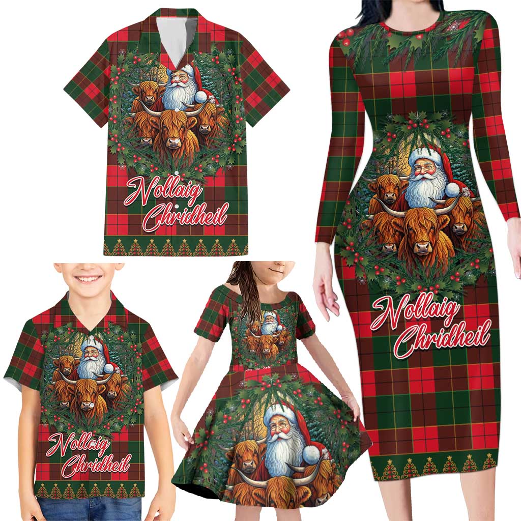 Santa and Higland Cows Scottish Christmas Family Matching Long Sleeve Bodycon Dress and Hawaiian Shirt Tartan Pattern - Wonder Print Shop