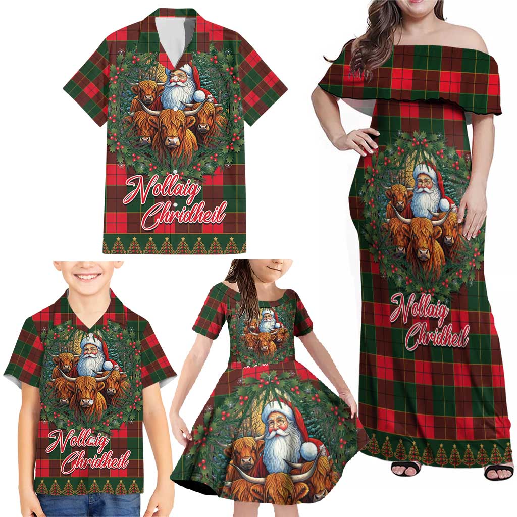 Santa and Higland Cows Scottish Christmas Family Matching Off Shoulder Maxi Dress and Hawaiian Shirt Tartan Pattern - Wonder Print Shop