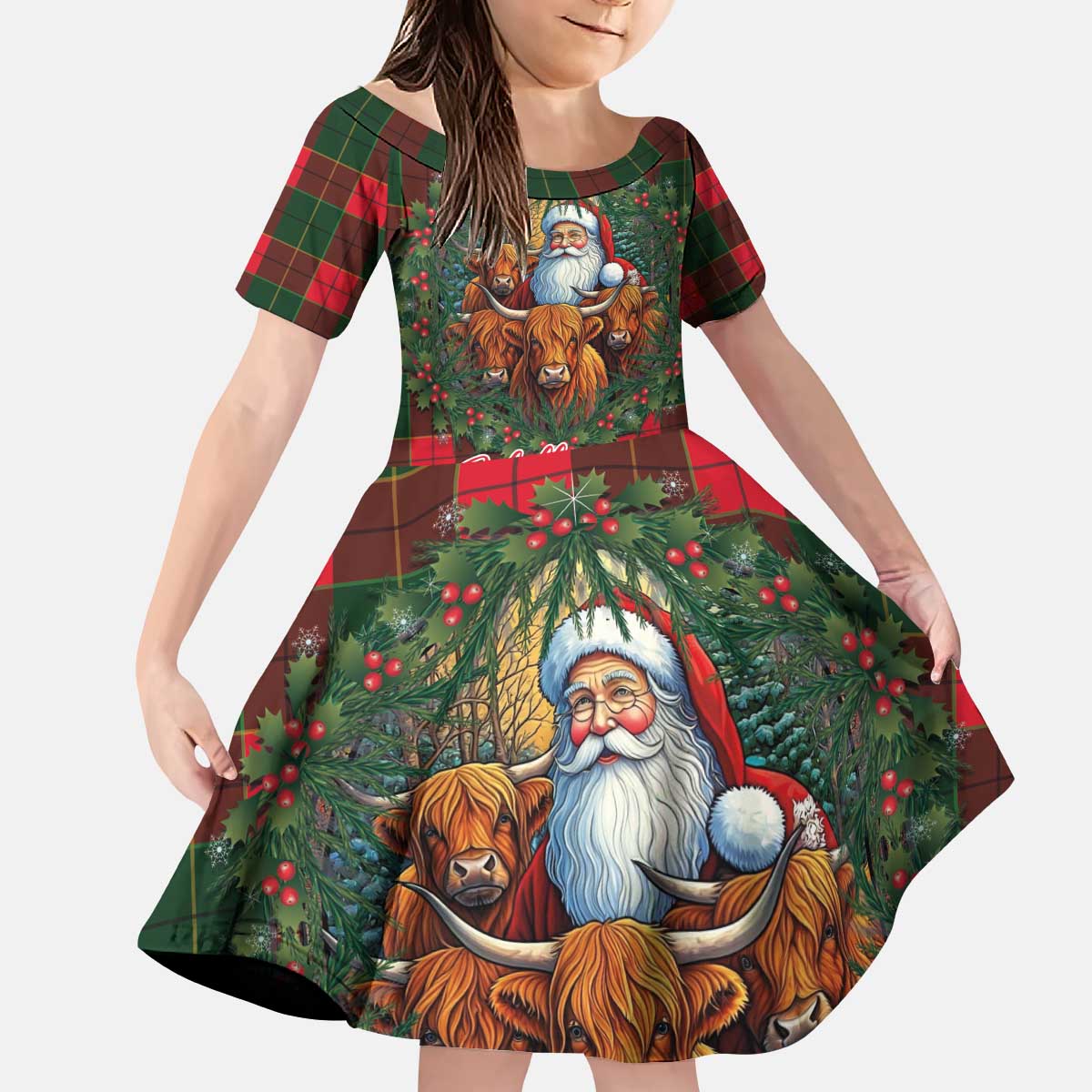 Santa and Higland Cows Scottish Christmas Kid Short Sleeve Dress Tartan Pattern - Wonder Print Shop