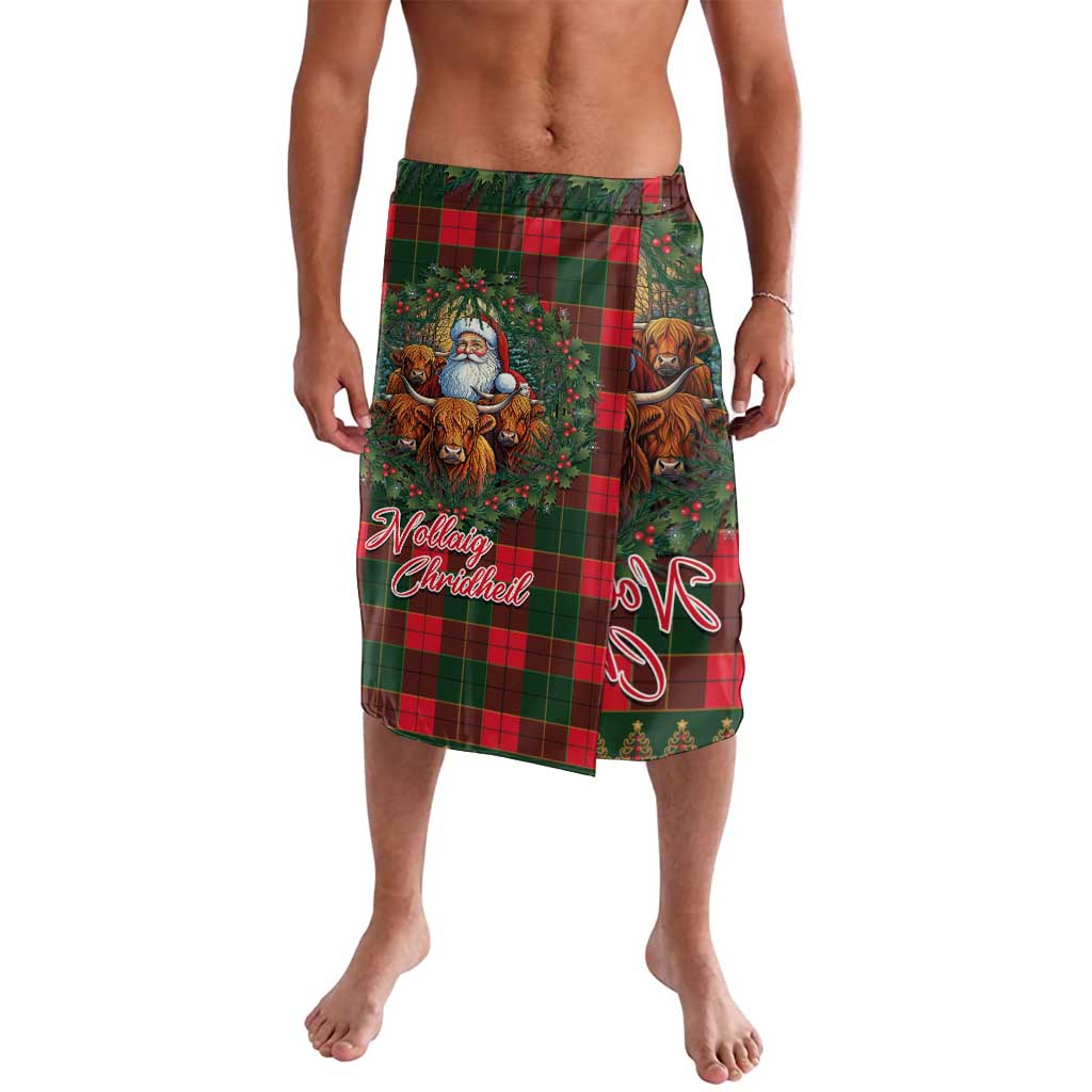 Red-and-green tartan lavalava skirt with Santa, Highland cows, and Christmas lettering