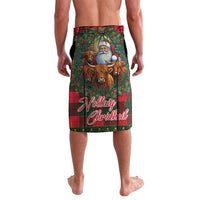 Red tartan lavalava with Santa and Highland cows, 'Nollaig Chridheil' lettering