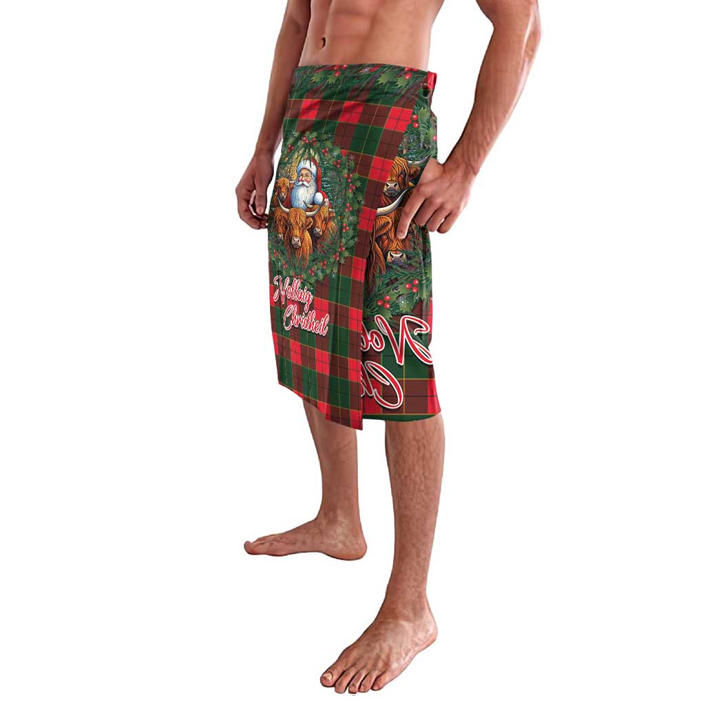 Red-and-green tartan lavalava with Santa and Highland cows, side graphic and lettering