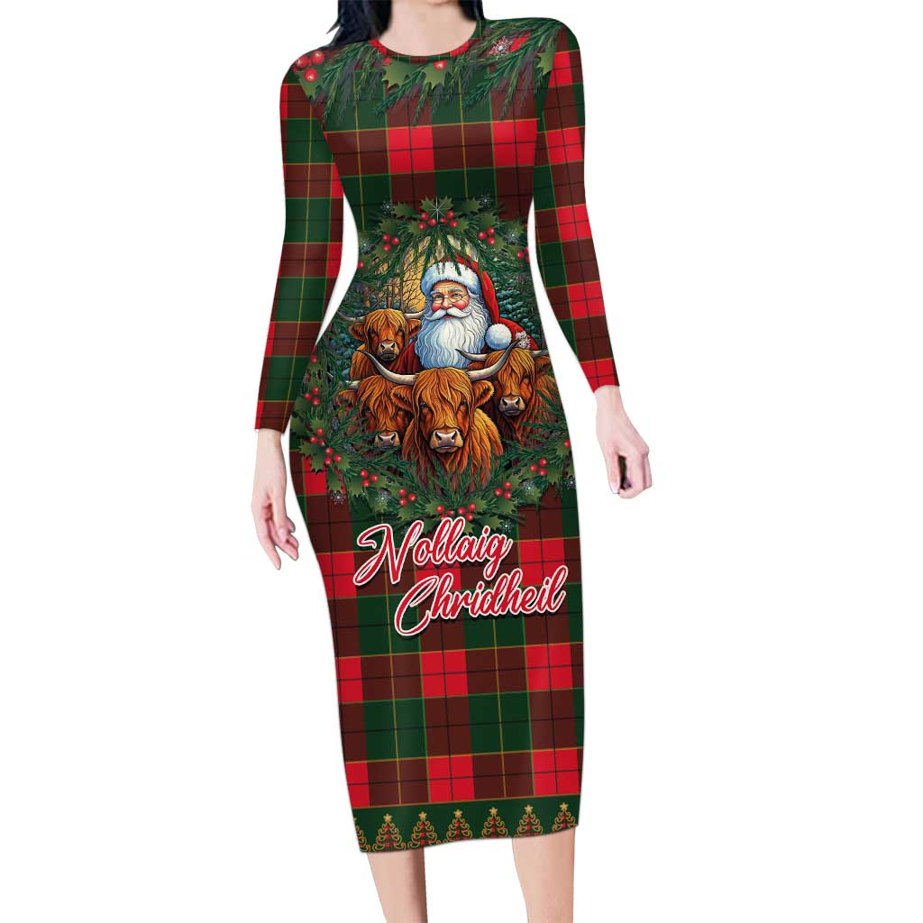 Santa and Higland Cows Scottish Christmas Long Sleeve Bodycon Dress Tartan Pattern - Wonder Print Shop