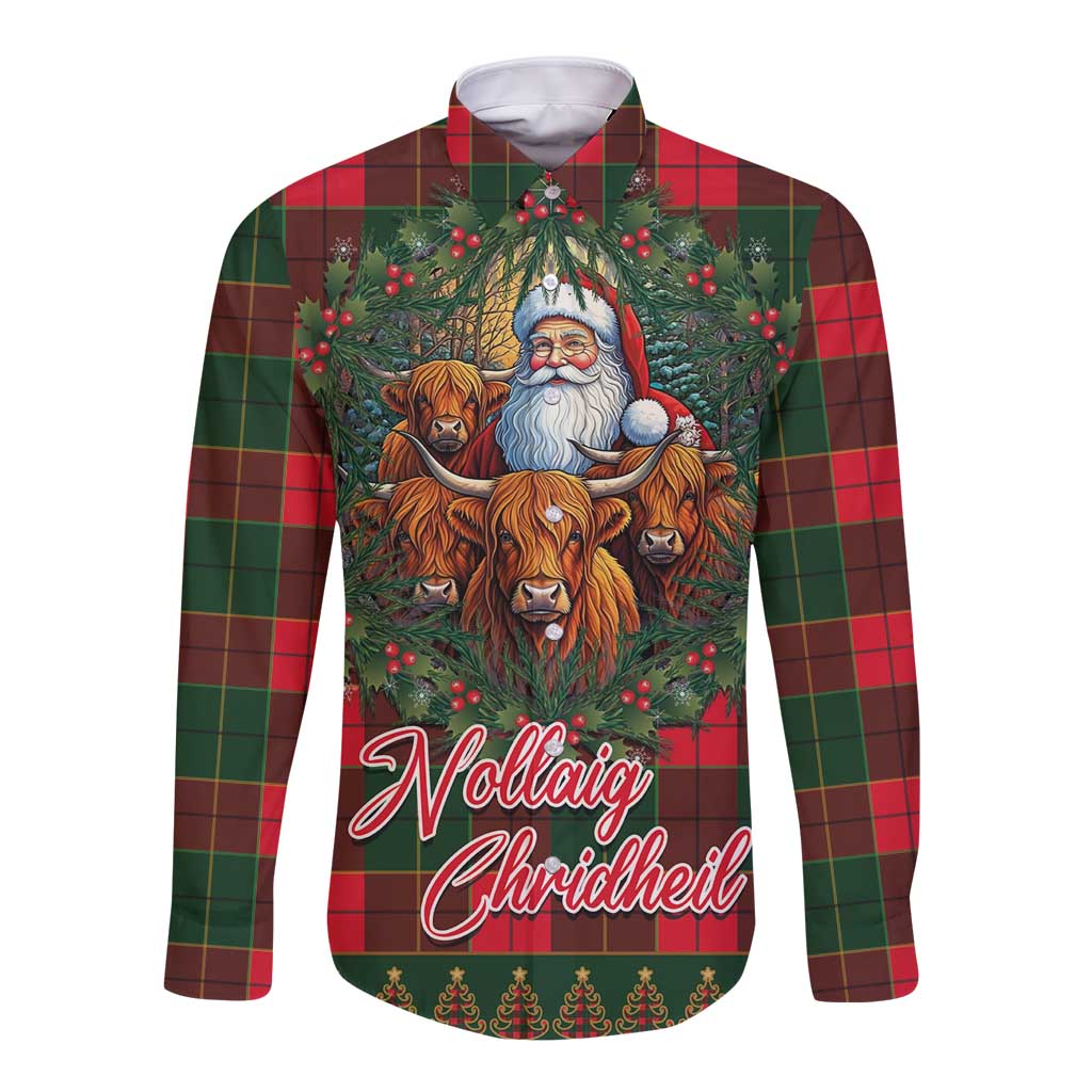 Unisex tartan button shirt, red/green, Santa and Highland cows front graphic
