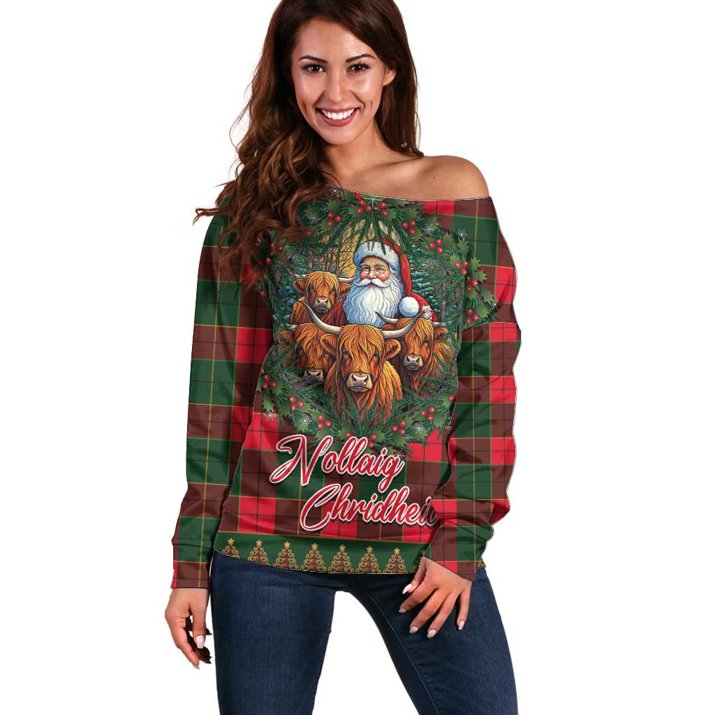 Santa and Higland Cows Scottish Christmas Off Shoulder Sweater Tartan Pattern - Wonder Print Shop