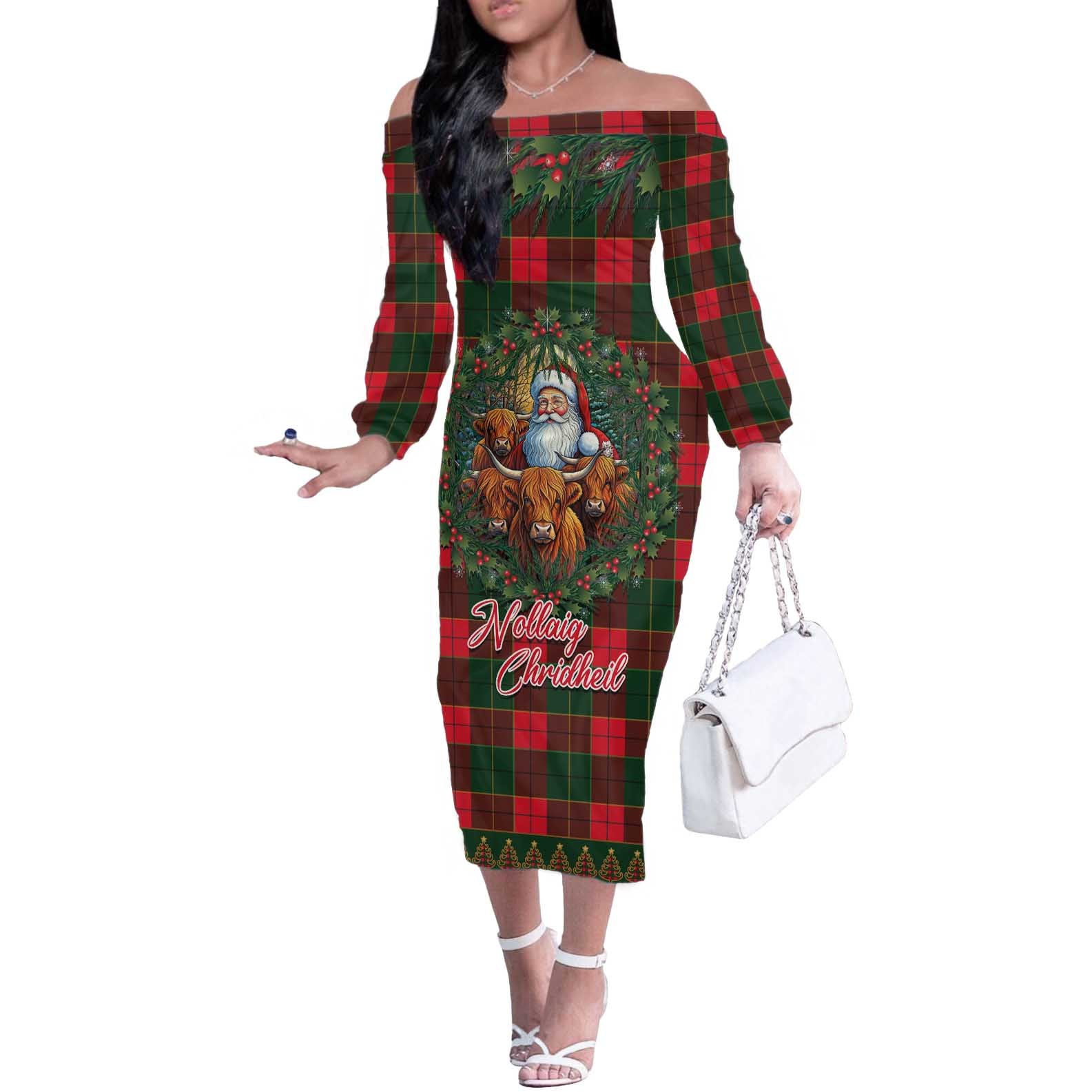 Santa and Higland Cows Scottish Christmas Off The Shoulder Long Sleeve Dress Tartan Pattern - Wonder Print Shop