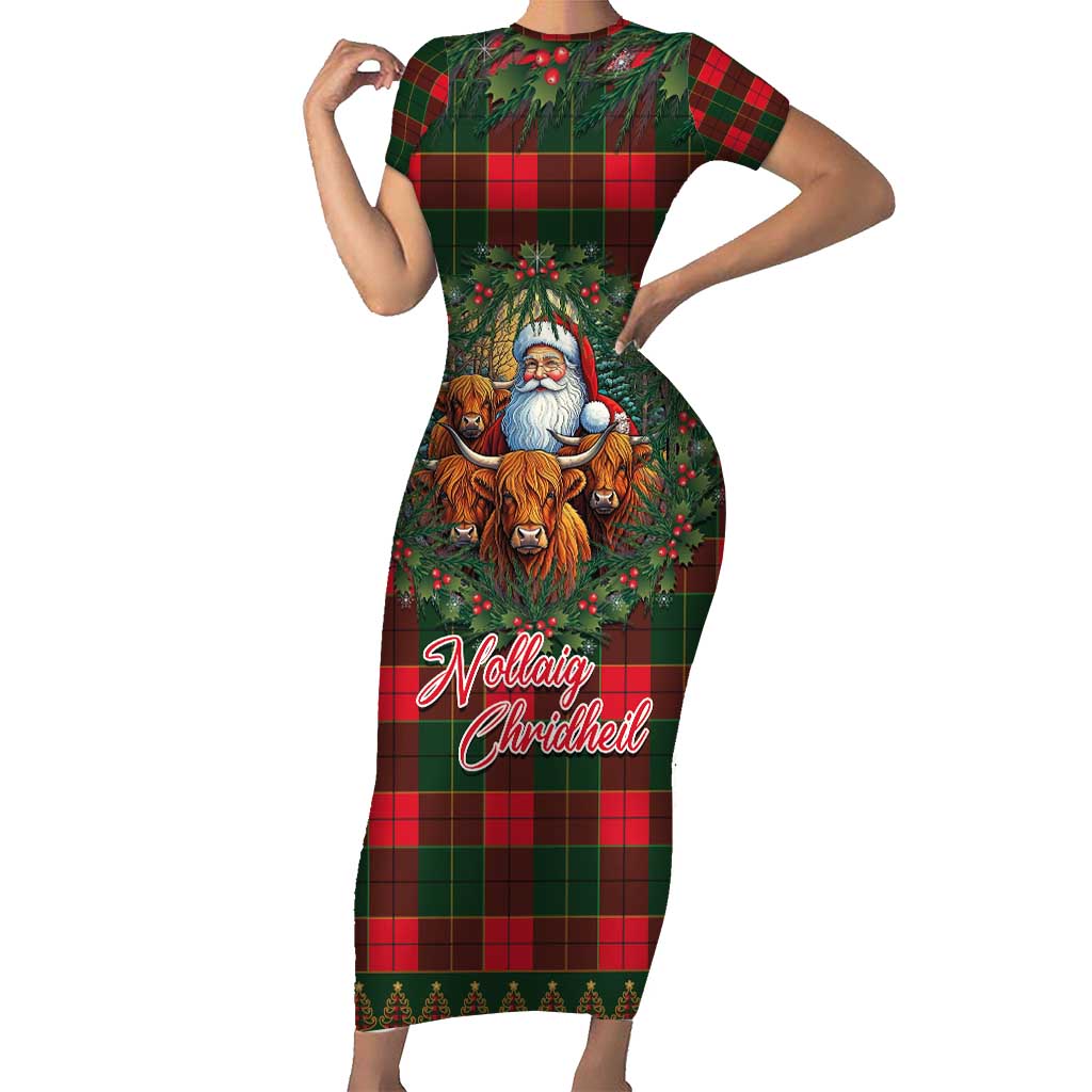 Santa and Higland Cows Scottish Christmas Short Sleeve Bodycon Dress Tartan Pattern